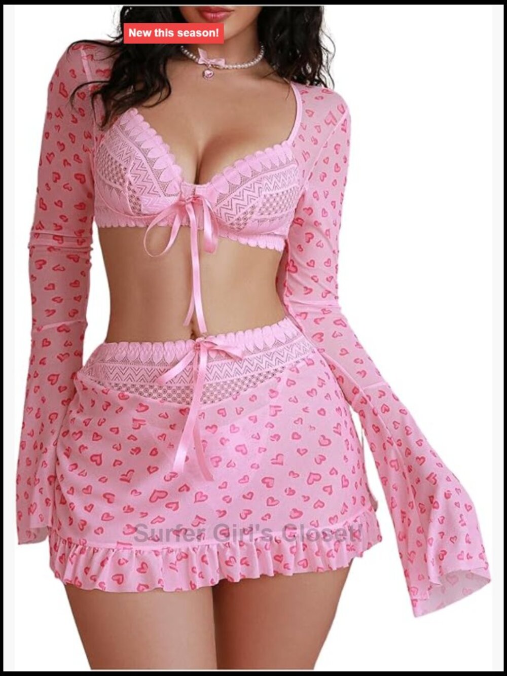 3 Piece Lingerie Set Long Sleeve Crop Top Thong Mini Skirt